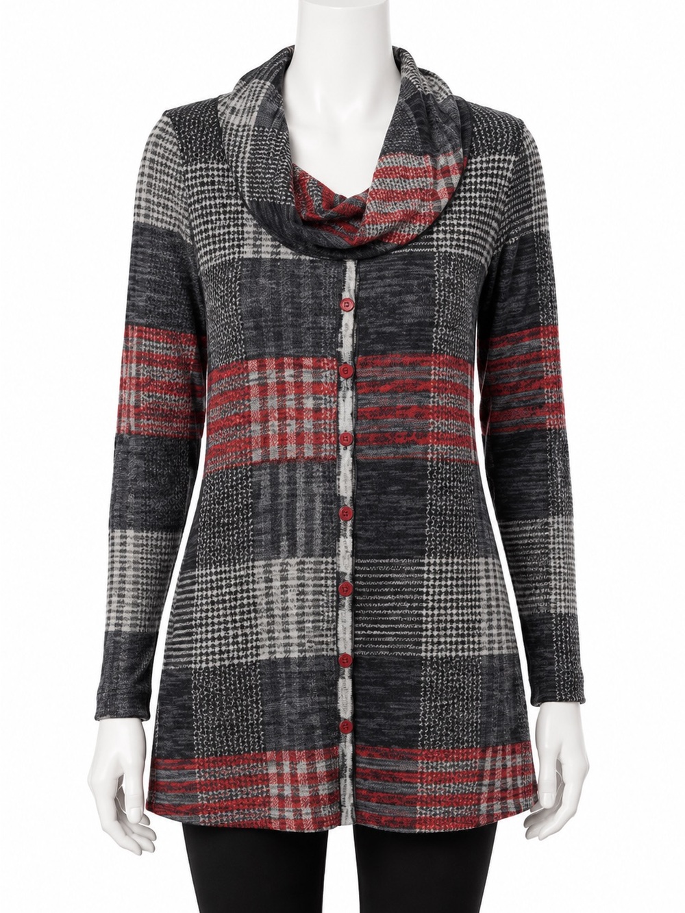 Pure Essence Plaid Cowl Neck Tunic Sweater Size M Gray Red Black Button Front Ca
